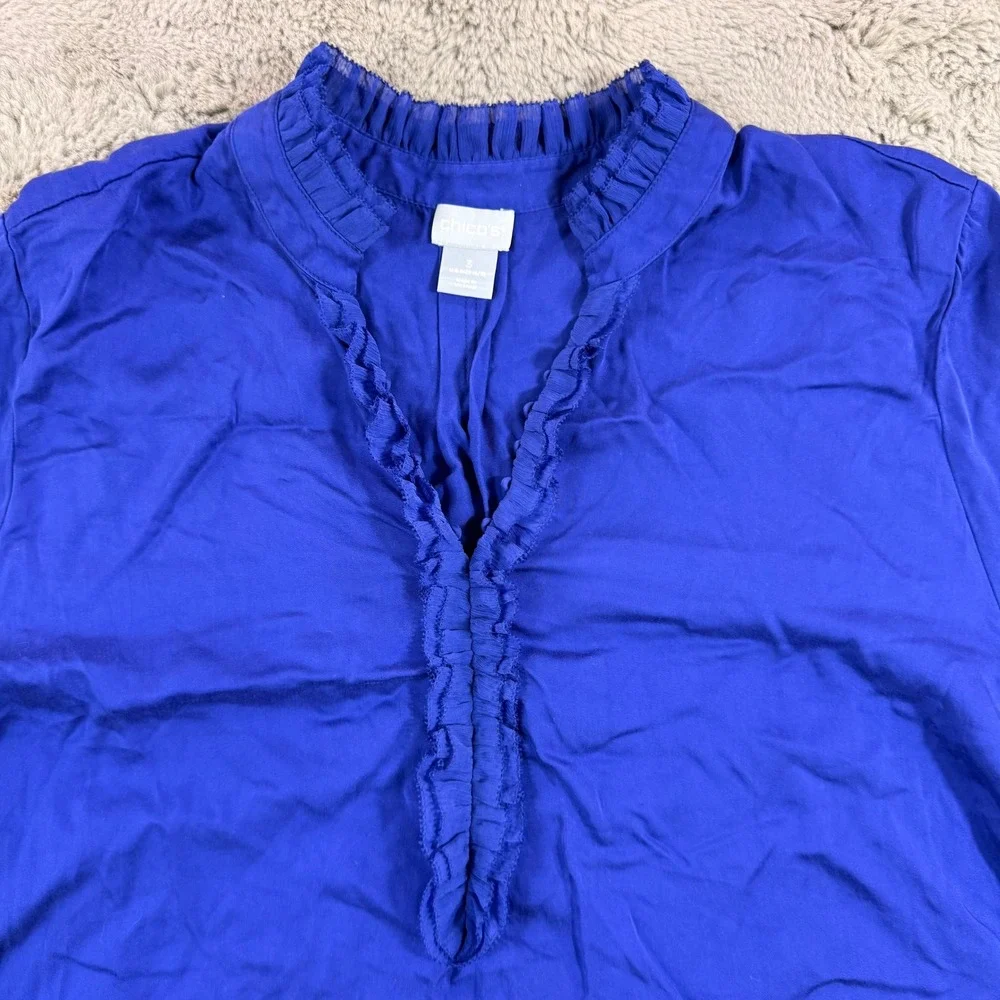 Chico's Size 3 (XL) Blue Ruffle Neck Long Sleeve Blouse Top Women's Career - Picture 8 of 9